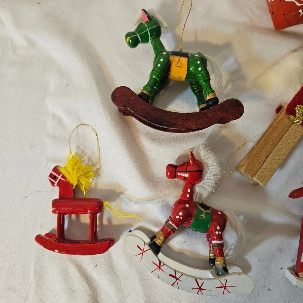 Vintage Wooden Christmas Ornaments Lot 10pc Rocking Horse Nutcracker Sled Taiwan